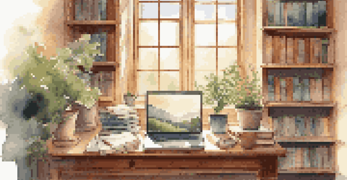 A cozy study space with a wooden desk, open notebook, steaming cup of tea, and laptop, illuminated by soft sunlight.