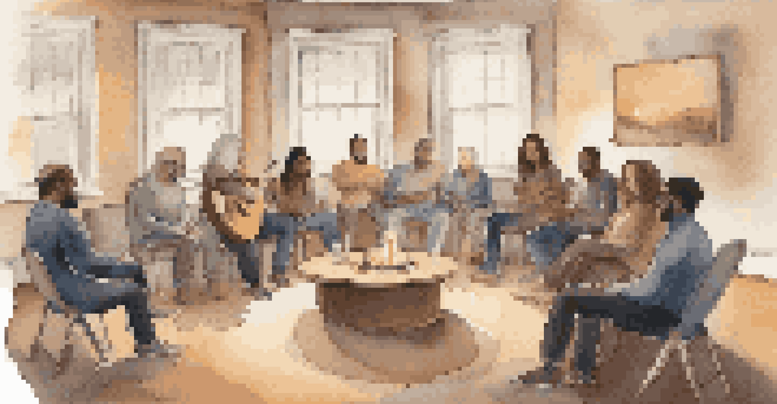 A support group in a cozy setting listening to an acoustic performance, with participants engaged and emotionally connected.