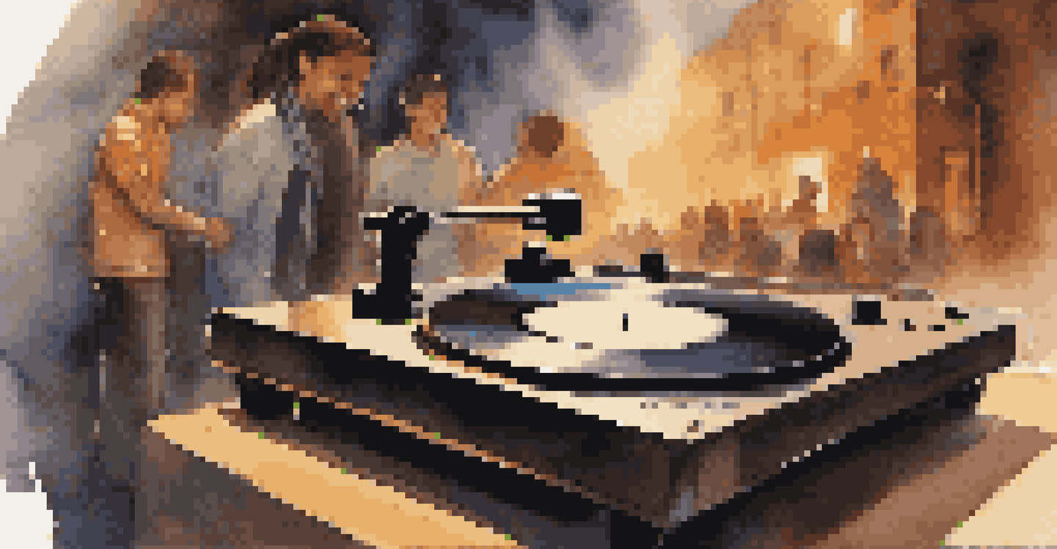 A close-up of a vinyl record on a turntable, featuring artwork of interlocking hands, with blurred people singing in the background.