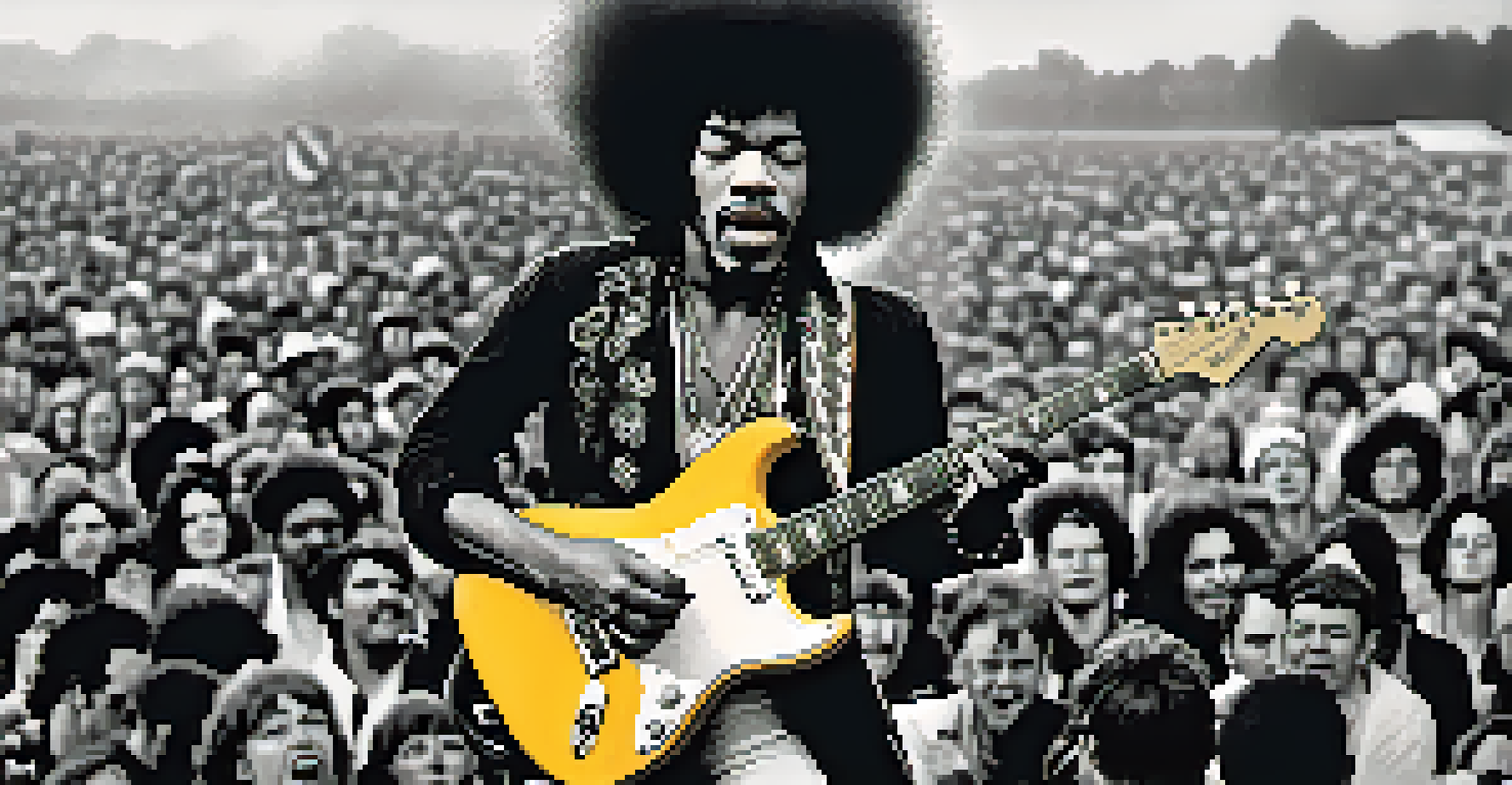A black-and-white image of Jimi Hendrix performing at Woodstock, with his guitar raised and an engaged audience in the background.