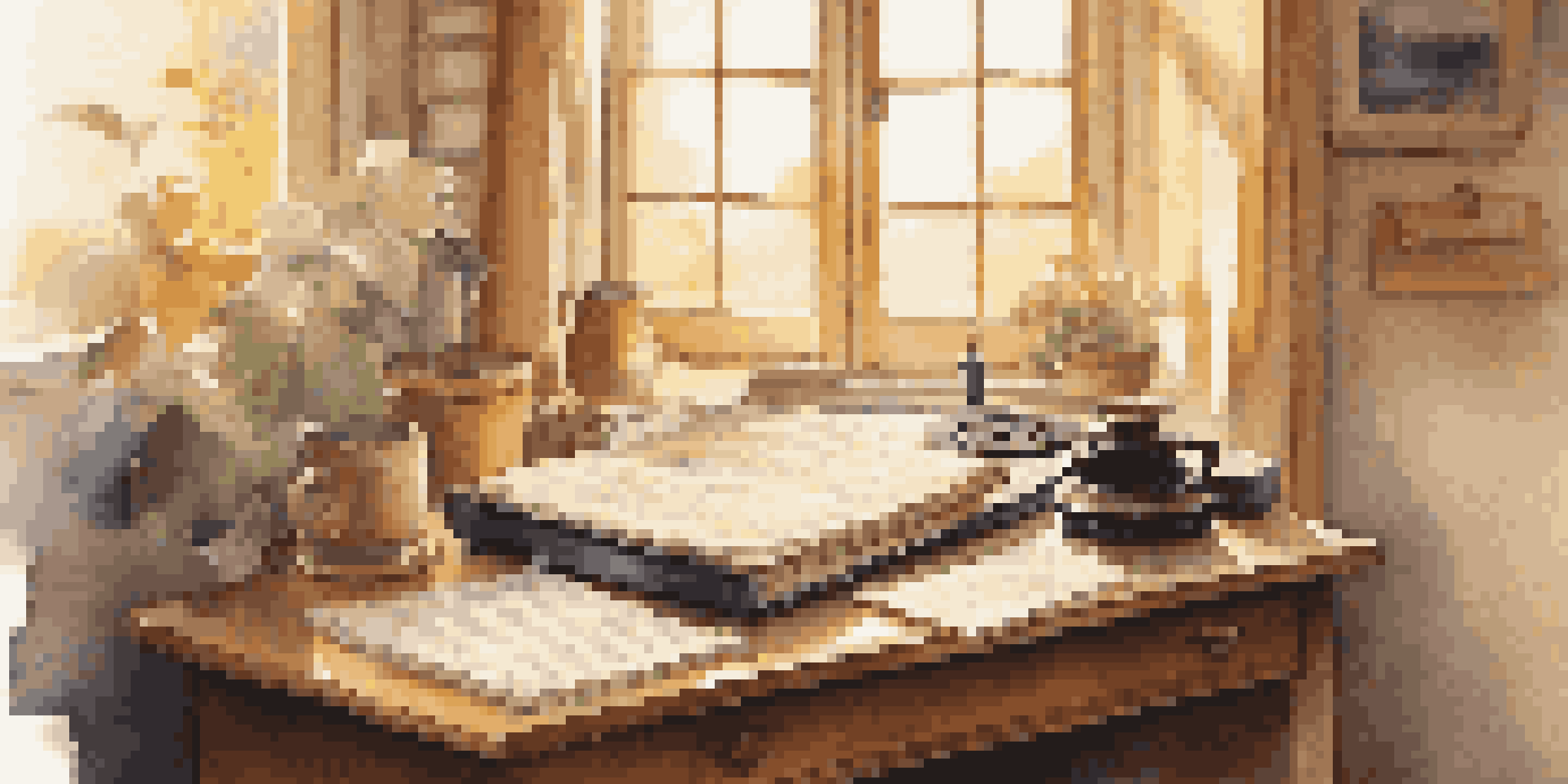 A cozy study setup featuring a wooden desk with music sheets, a vintage record player, and a cup of tea, illuminated by soft sunlight.