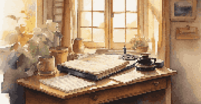 A cozy study setup featuring a wooden desk with music sheets, a vintage record player, and a cup of tea, illuminated by soft sunlight.