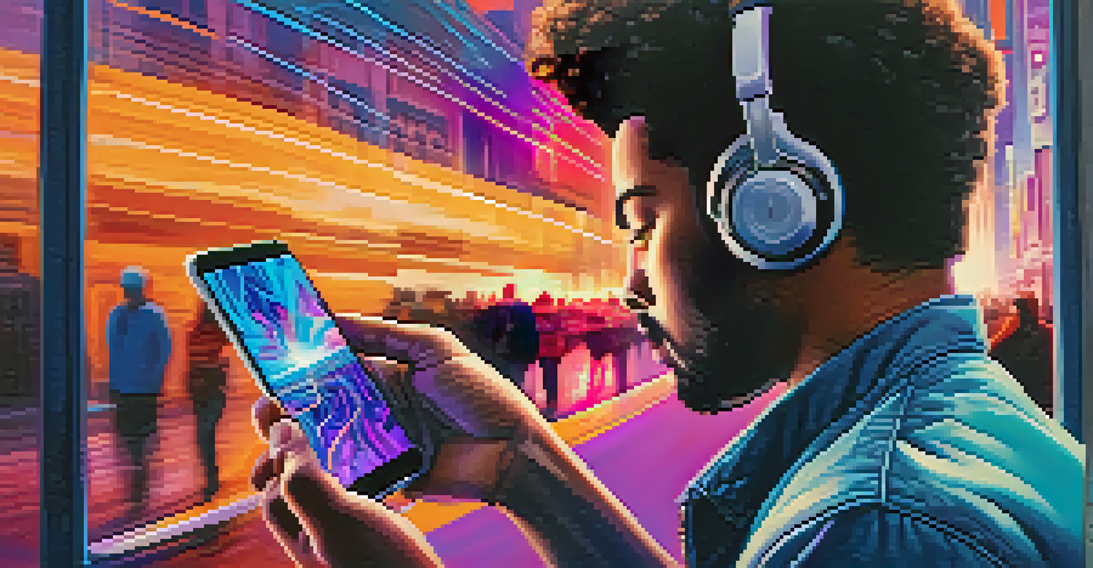 A close-up of a person holding a smartphone displaying vibrant sound waves, set against a blurred lively urban street background.