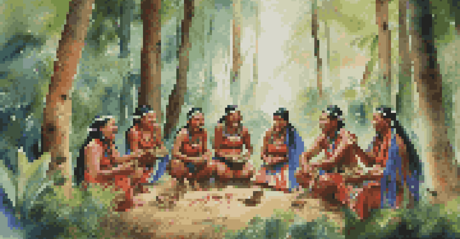 An indigenous tribe engaged in a vibrant music ritual within a lush forest, showcasing traditional attire and instruments, expressing joy and cultural connection.