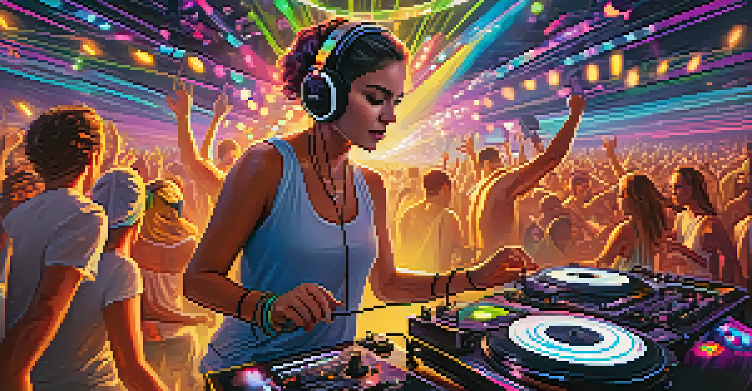 A female DJ mixing tracks at a lively dance music festival, surrounded by colorful lights and an energetic crowd dancing.