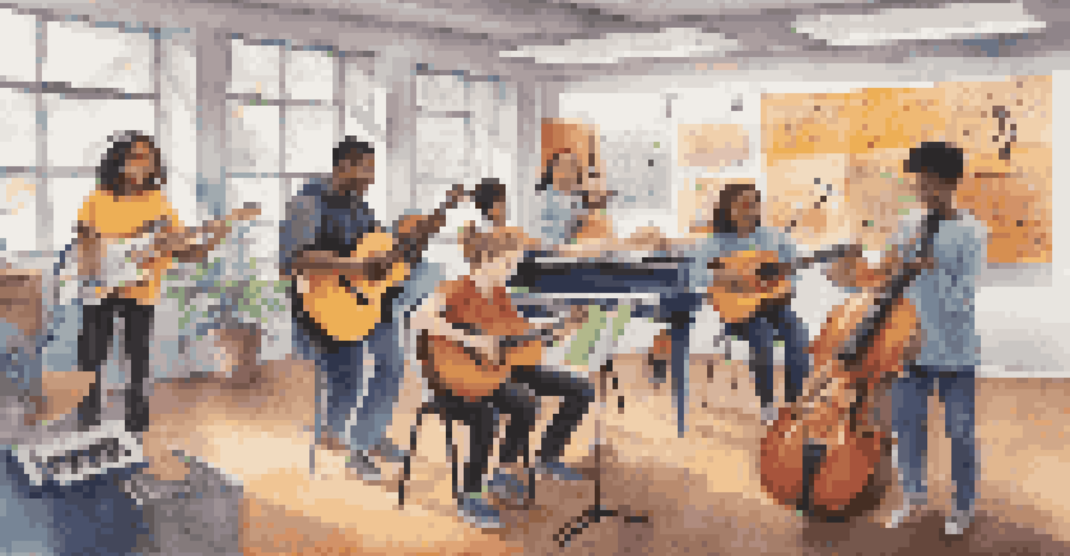 Students working together on a music project in a colorful classroom, showcasing teamwork and creativity with musical instruments around them.