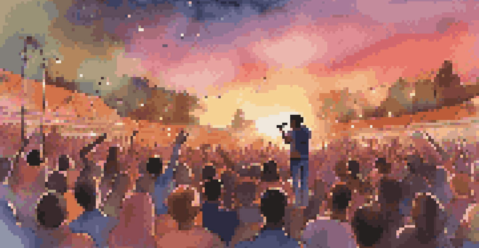 An outdoor concert at sunset with a musician on stage engaging with a vibrant crowd, illuminated by colorful lights.