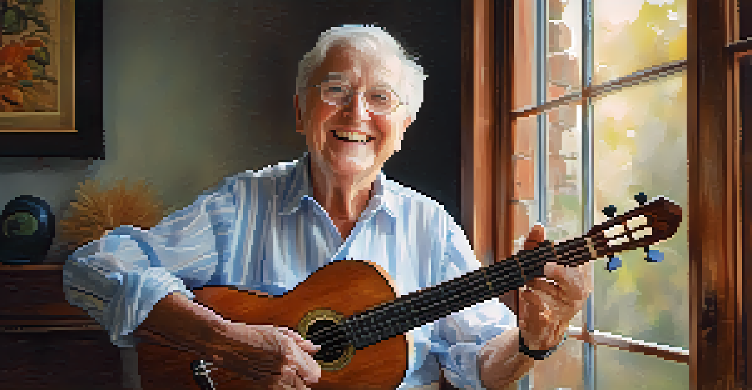 A senior smiling while holding a musical instrument, with soft lighting and a blurred background.