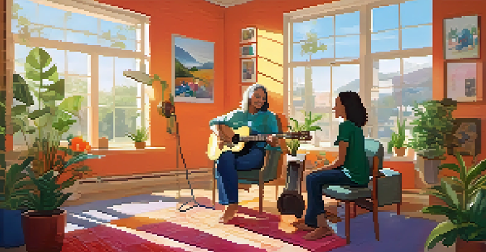 A music therapy session showing a therapist and client playing guitar in a sunlit room filled with plants and colorful artwork.