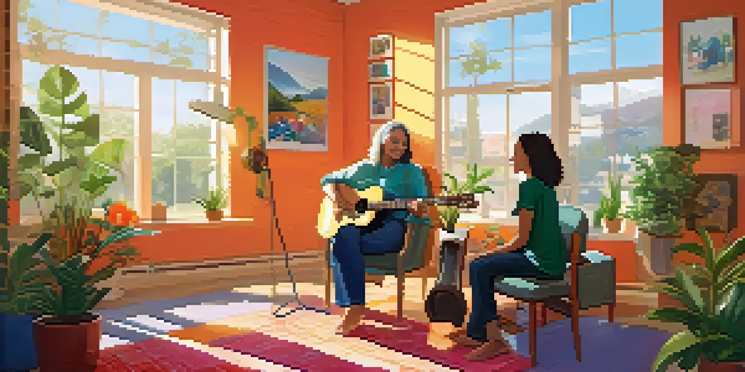 A music therapy session showing a therapist and client playing guitar in a sunlit room filled with plants and colorful artwork.