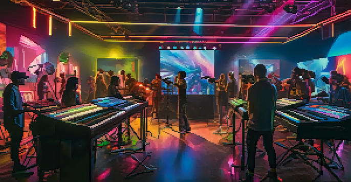 A lively music video production set with artists and crew members working together, surrounded by colorful lights and high-definition cameras.