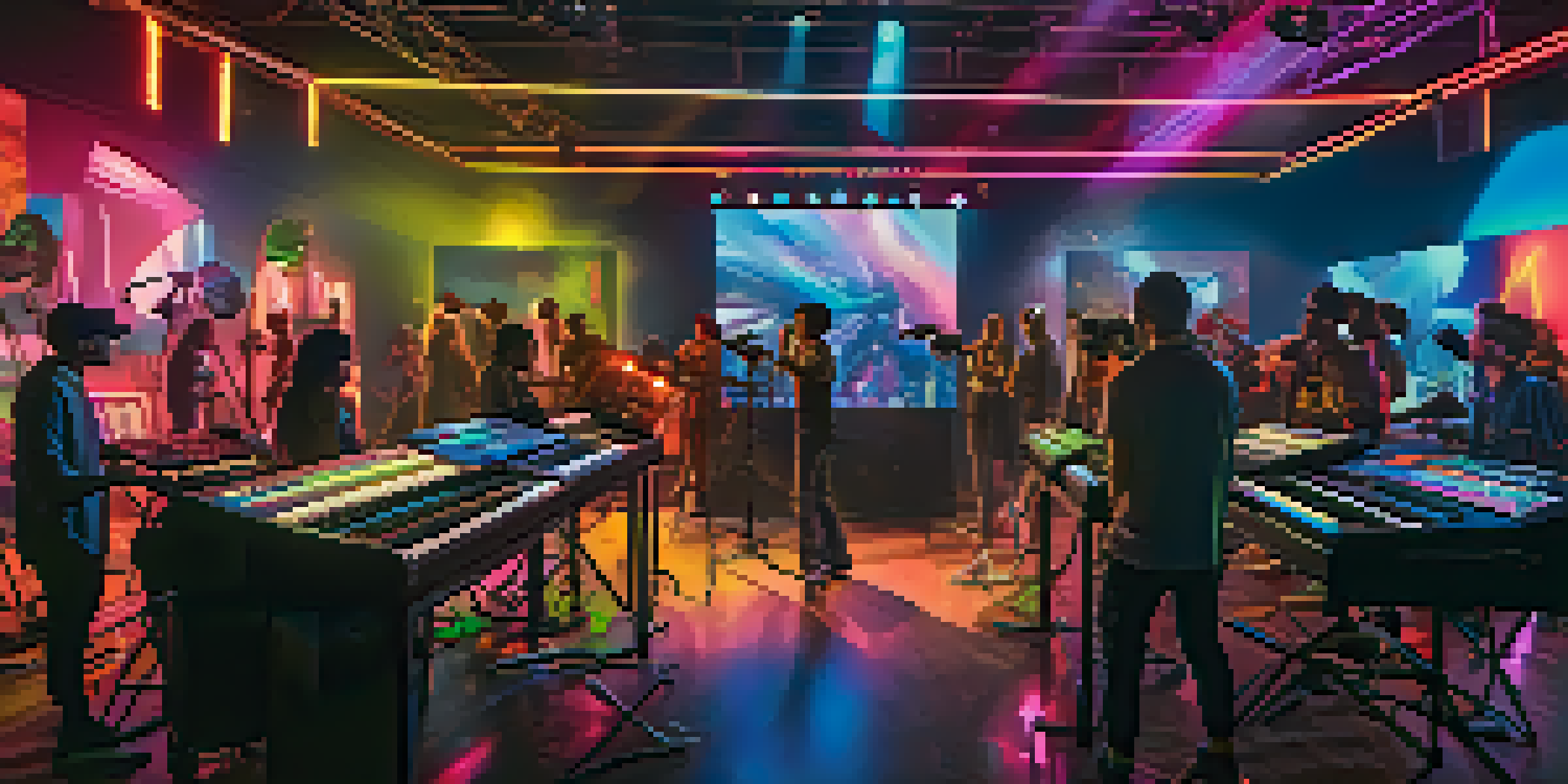 A lively music video production set with artists and crew members working together, surrounded by colorful lights and high-definition cameras.