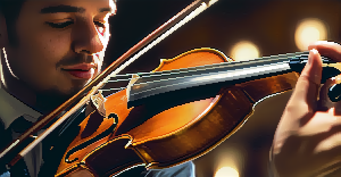 A musician playing a violin with warm lighting and a blurred concert hall background.