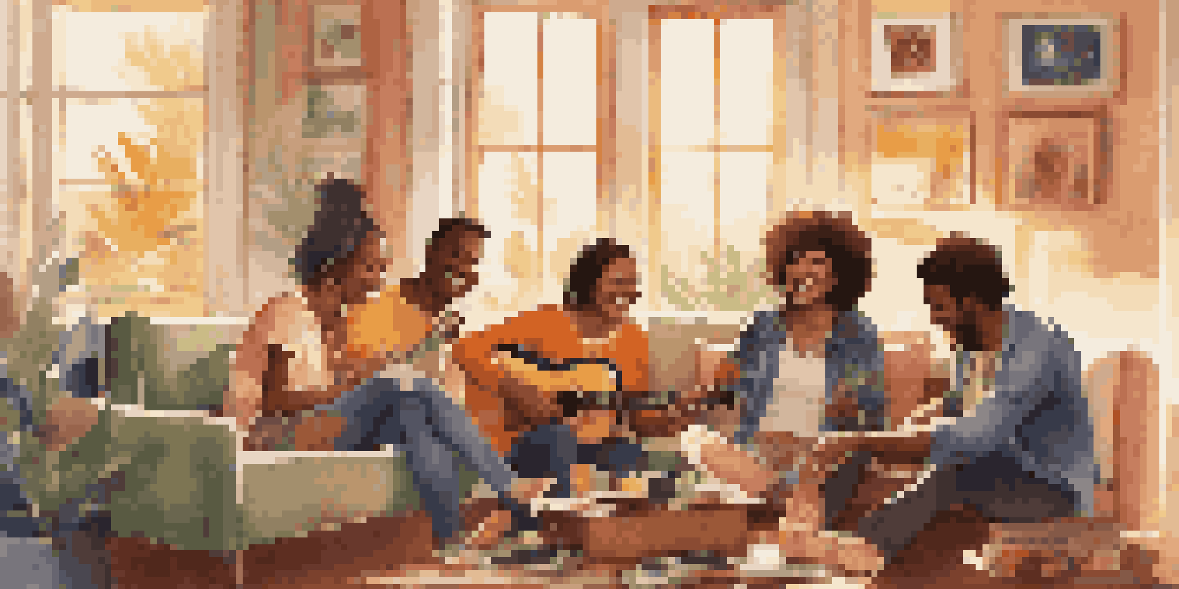A group of friends enjoying music together in a warm, sunny living room filled with vinyl records and colorful posters.
