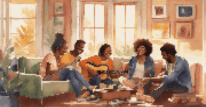 A group of friends enjoying music together in a warm, sunny living room filled with vinyl records and colorful posters.