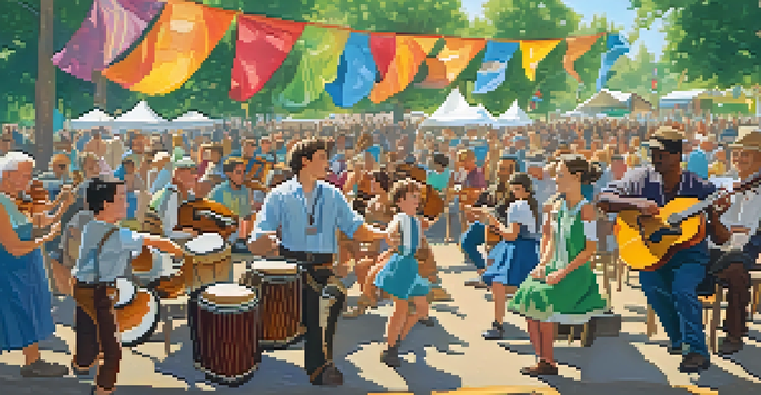 A lively folk music festival with musicians playing traditional instruments and an engaged audience dancing.