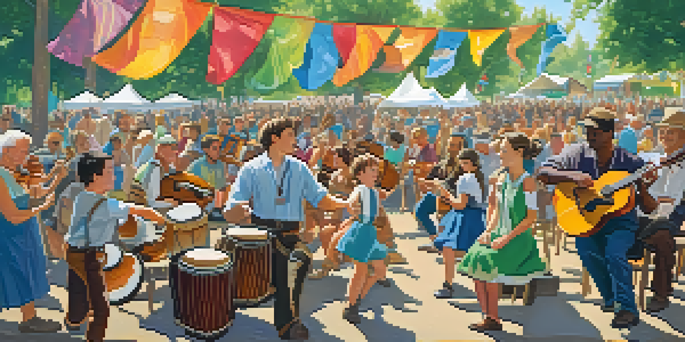 A lively folk music festival with musicians playing traditional instruments and an engaged audience dancing.
