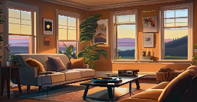 A warm and inviting living room with a record player, soft lighting, and a sunset visible through the window.