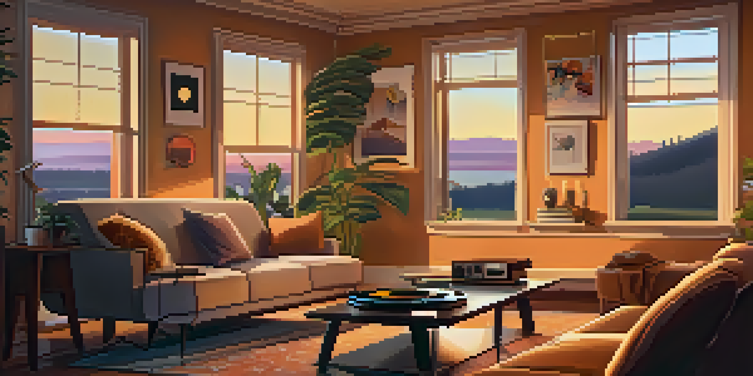 A warm and inviting living room with a record player, soft lighting, and a sunset visible through the window.