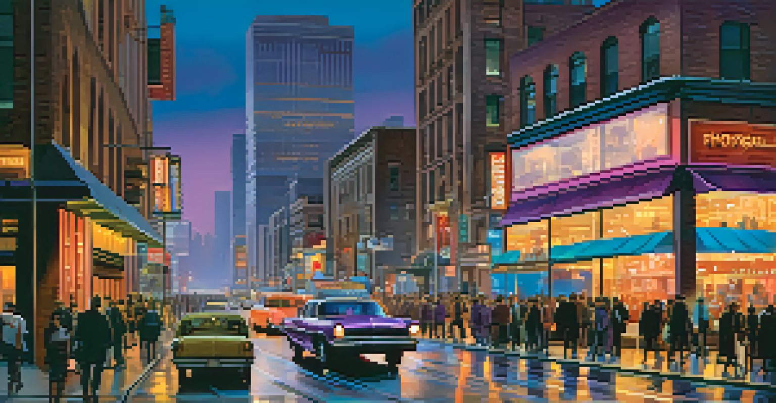 A bustling city street at twilight, featuring modern skyscrapers, historical buildings, and lively pedestrians under a deep purple sky.