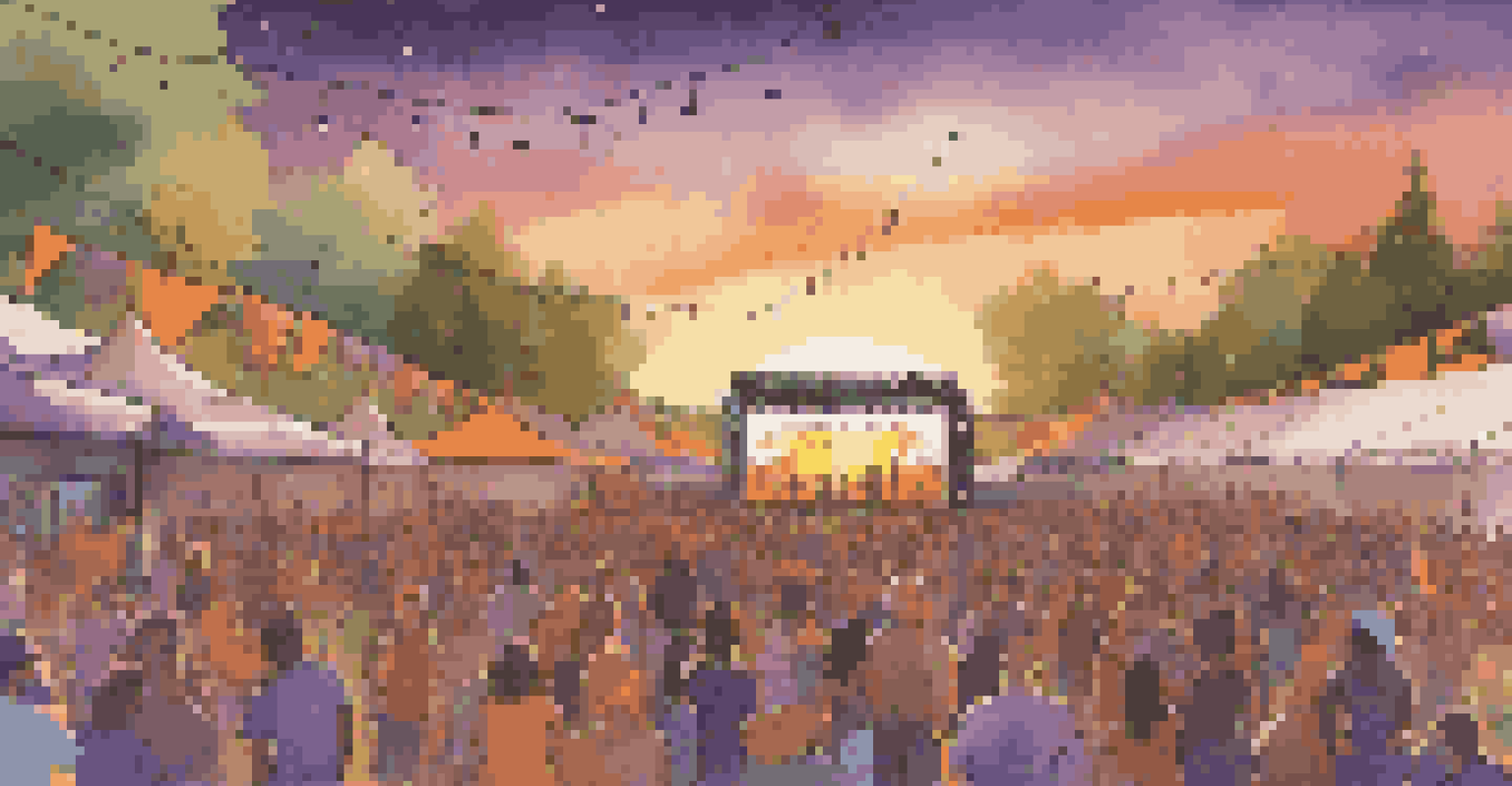 An outdoor music festival at sunset with a solar-powered stage and eco-friendly installations, creating a vibrant atmosphere.