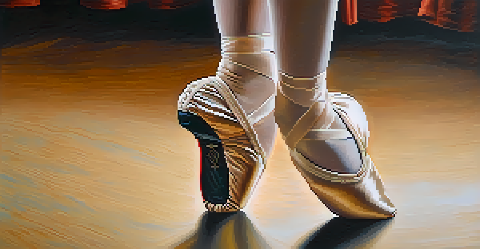 A close-up of a ballet dancer's feet in motion, showcasing the elegance of the ballet shoes on a polished stage.