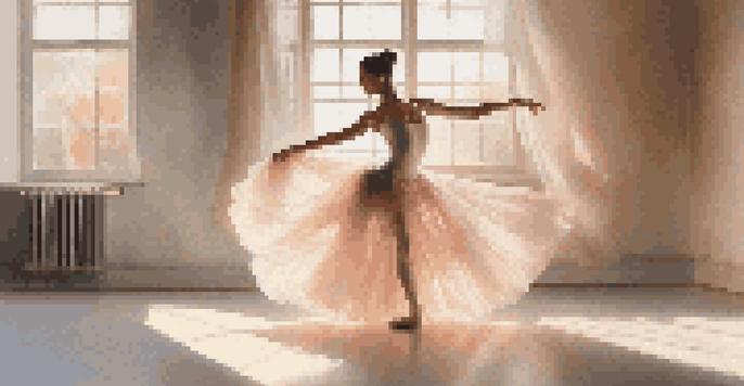 A ballet dancer in a tutu poses gracefully in a softly lit studio with sunlight filtering through large windows.