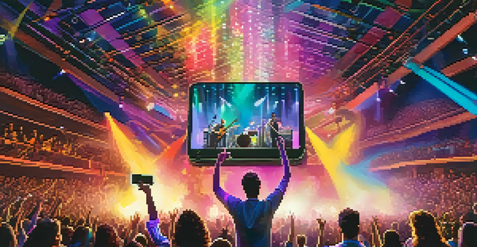 A lively concert where an artist performs on stage surrounded by augmented reality elements and an excited audience taking photos.