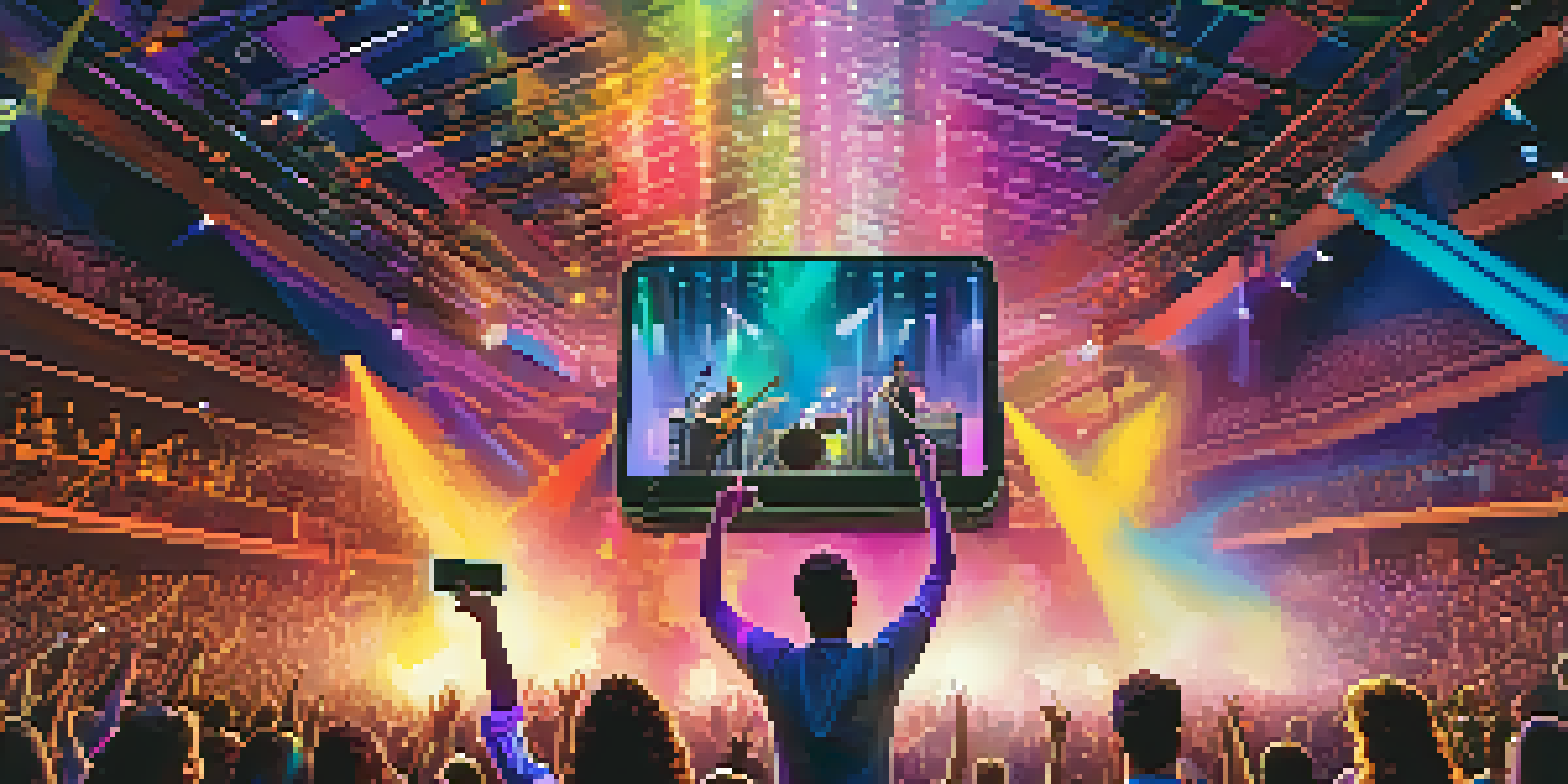 A lively concert where an artist performs on stage surrounded by augmented reality elements and an excited audience taking photos.