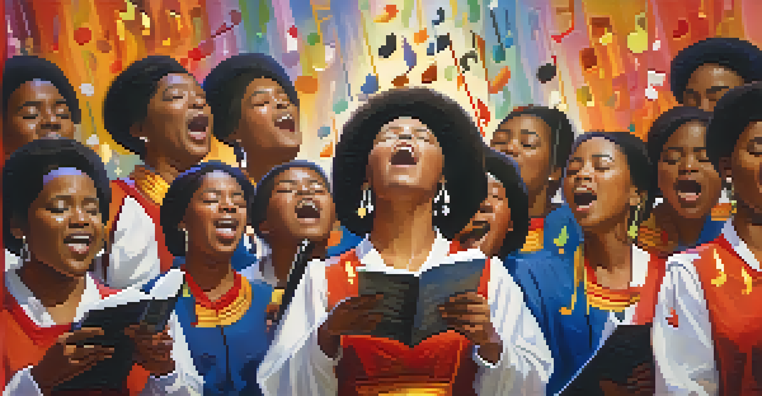 A close-up of a choir member singing, with musical notes artistically swirling around them.