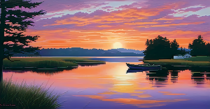 A tranquil lake at sunset with colorful reflections and silhouetted trees.