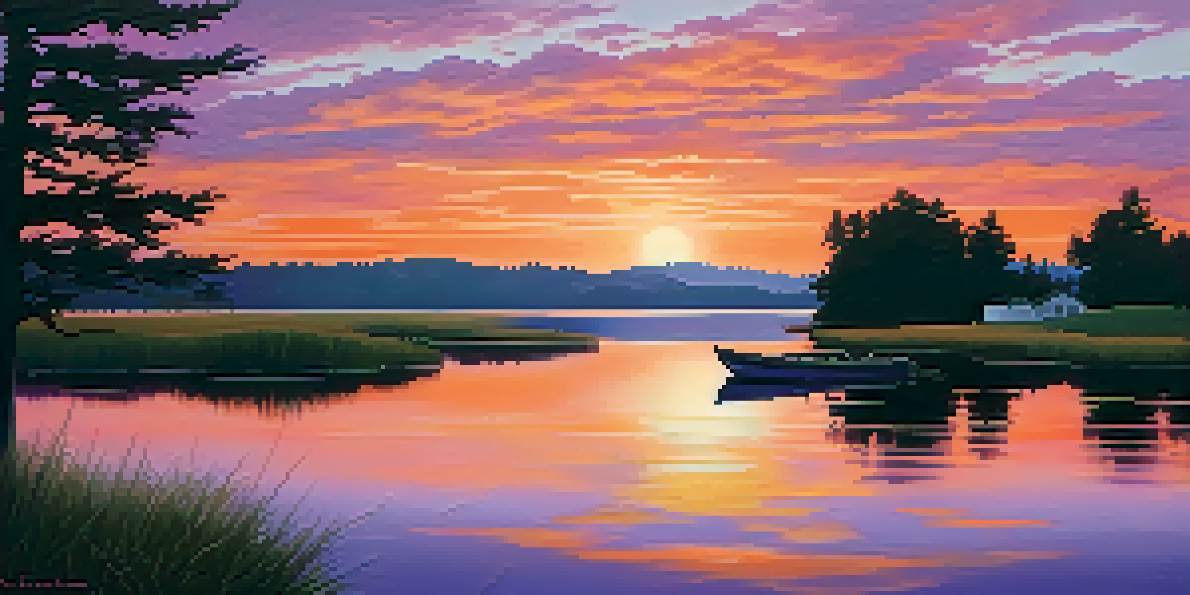 A tranquil lake at sunset with colorful reflections and silhouetted trees.