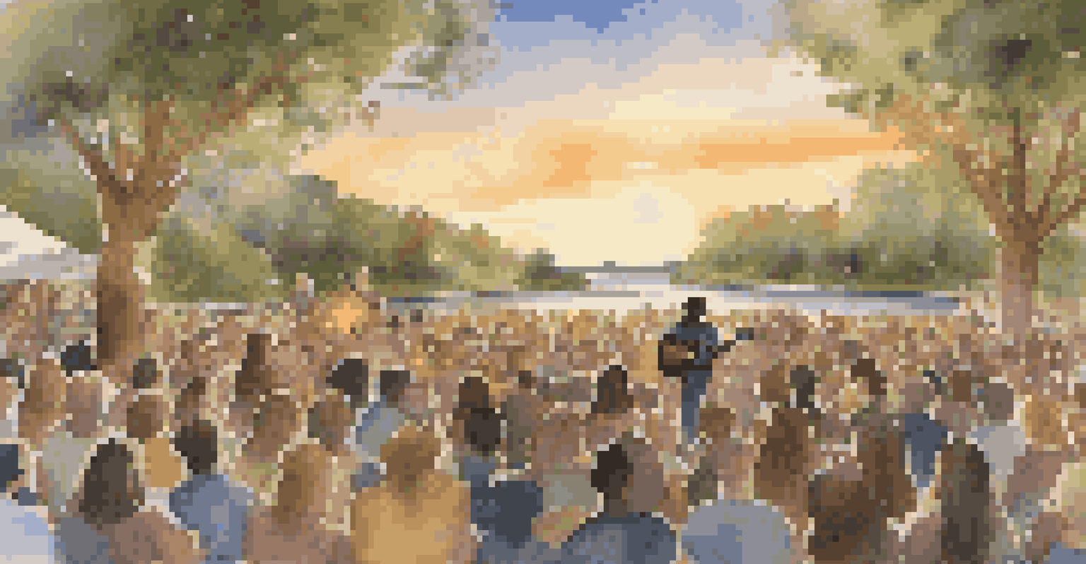 An artist playing guitar on stage with eco-friendly decorations, surrounded by an engaged audience during sunset.
