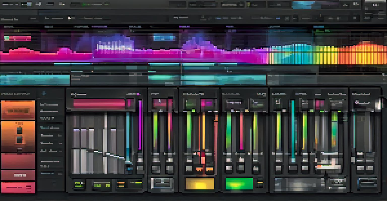 A close-up of a digital audio workstation interface with colorful sound waveforms and tracks, accompanied by headphones.