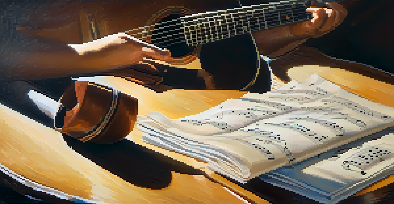 Close-up of hands playing a guitar with global music sheet music on a wooden table, illuminated by warm sunlight.