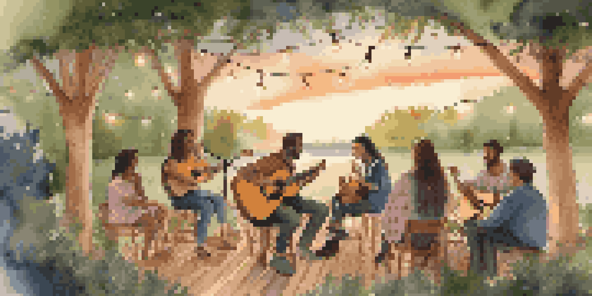 An outdoor acoustic music performance at sunset with a singer-songwriter playing an acoustic guitar, surrounded by an intimate audience and greenery.