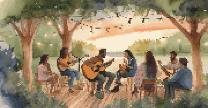 An outdoor acoustic music performance at sunset with a singer-songwriter playing an acoustic guitar, surrounded by an intimate audience and greenery.