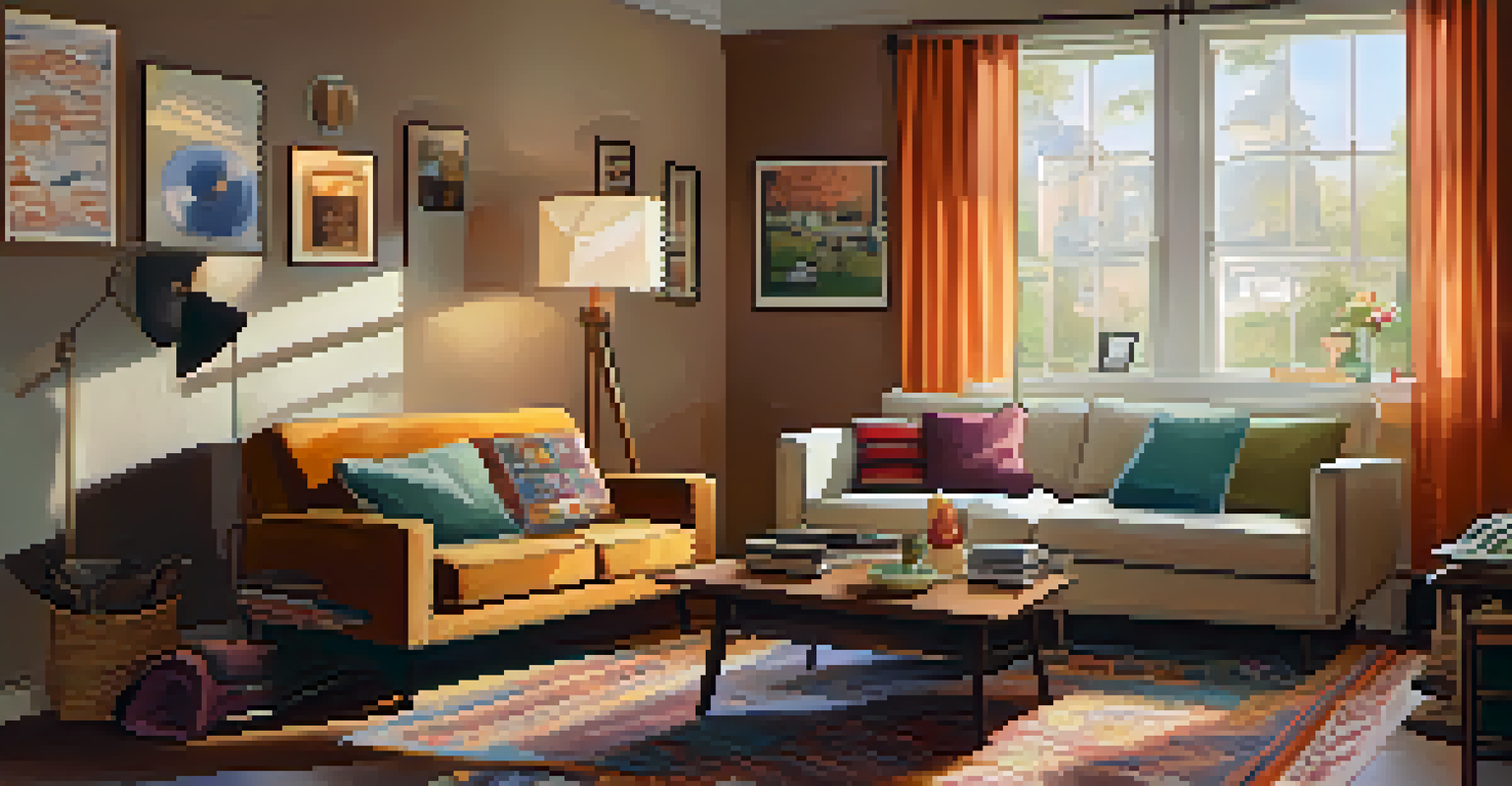 A cozy living room with a sofa, tea on a table, and framed photographs on the wall.