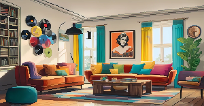 A warm and inviting living room featuring a vintage record player and framed photographs, evoking feelings of nostalgia.