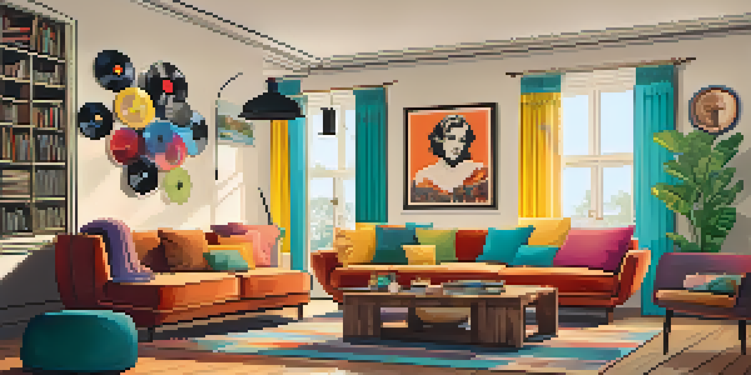 A warm and inviting living room featuring a vintage record player and framed photographs, evoking feelings of nostalgia.