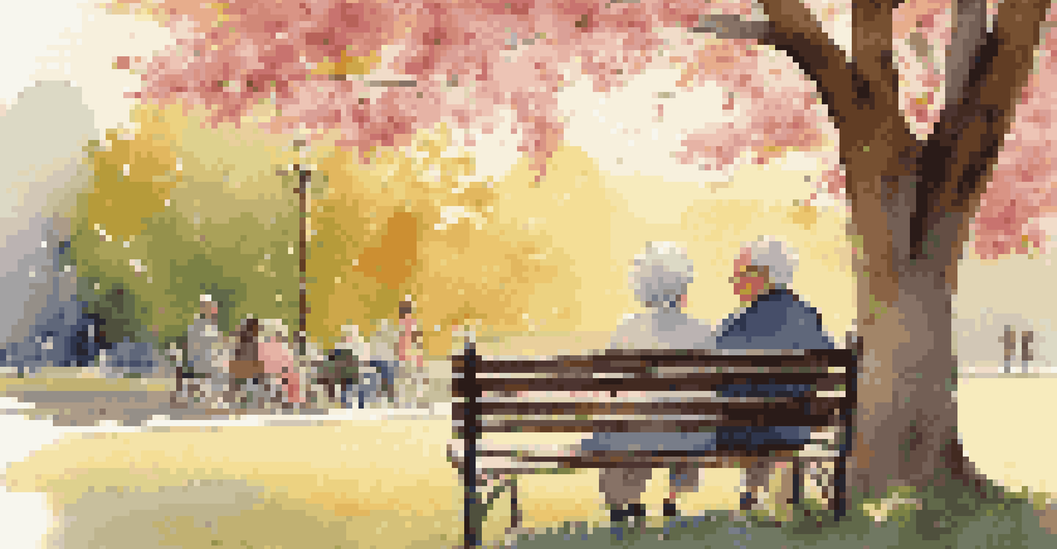 An elderly couple enjoying music together in a park during sunset, sitting on a bench under a blossoming tree.