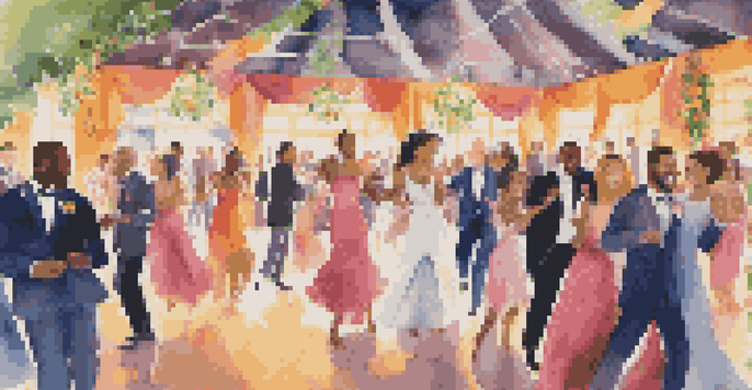 A lively wedding celebration with diverse guests dancing under colorful decorations, illuminated by warm lighting.