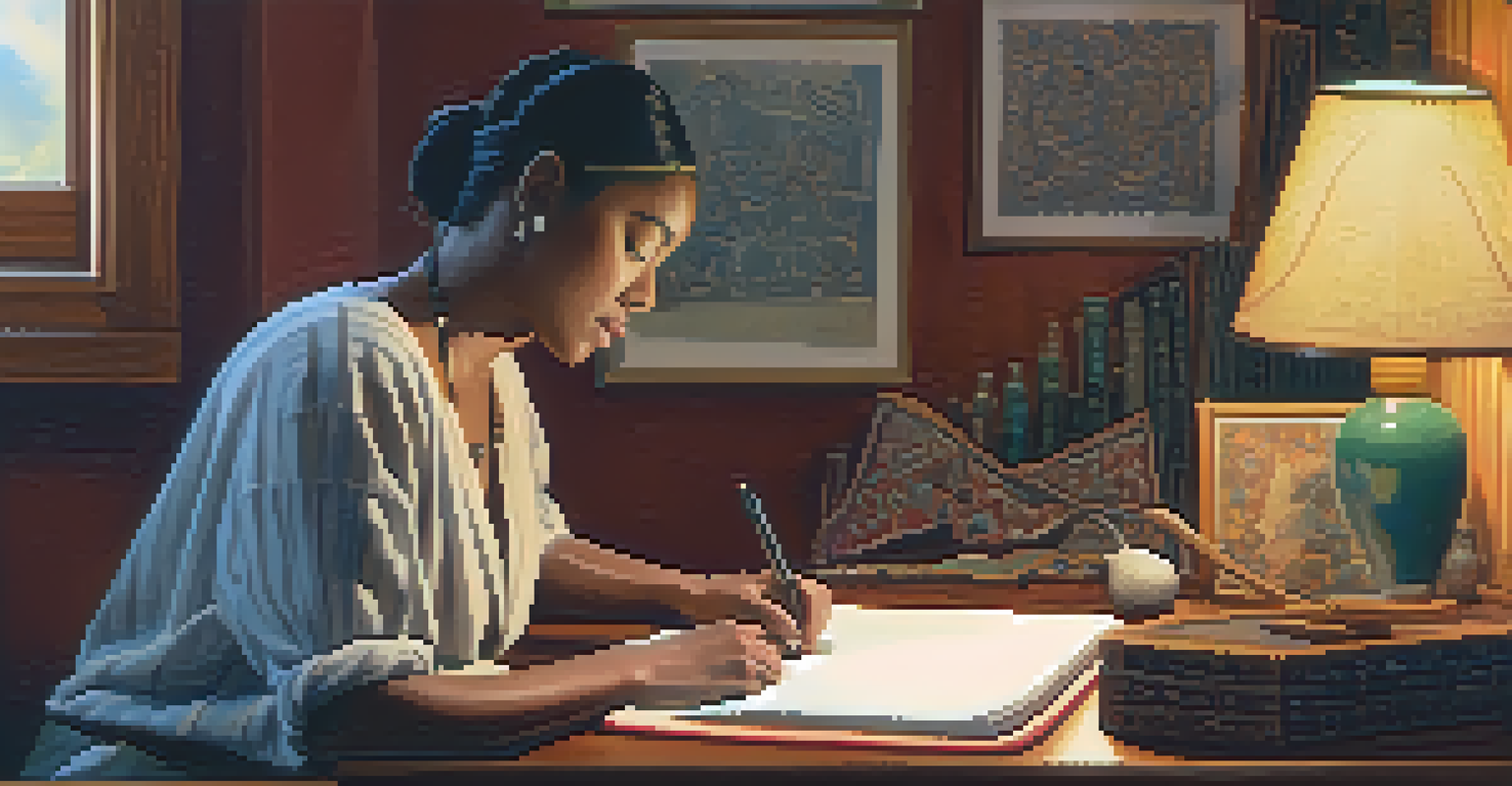 A close-up of a singer writing lyrics in a cozy room, surrounded by cultural artifacts like traditional instruments and vibrant textiles, illuminated by soft warm light.
