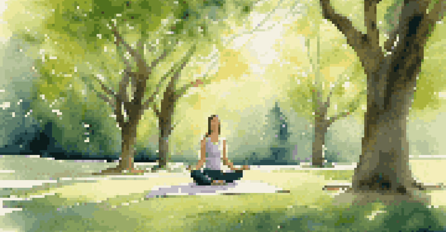 A person doing yoga on a mat in a green park, surrounded by trees and sunlight, evoking a calm and peaceful environment.