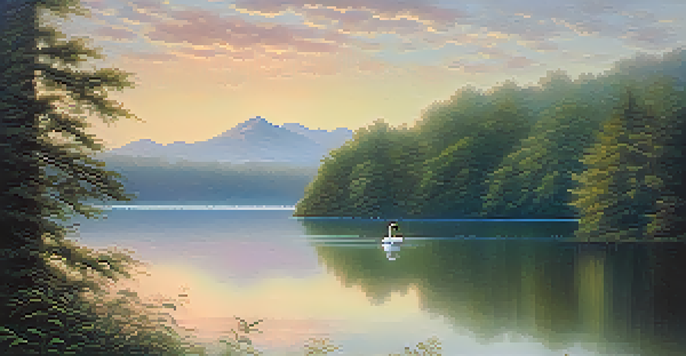 A peaceful lake at dawn with mist, surrounded by green forests and mountains, featuring a swan on the water.