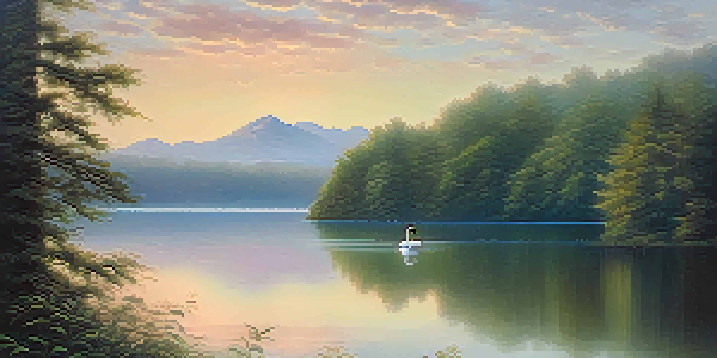 A peaceful lake at dawn with mist, surrounded by green forests and mountains, featuring a swan on the water.