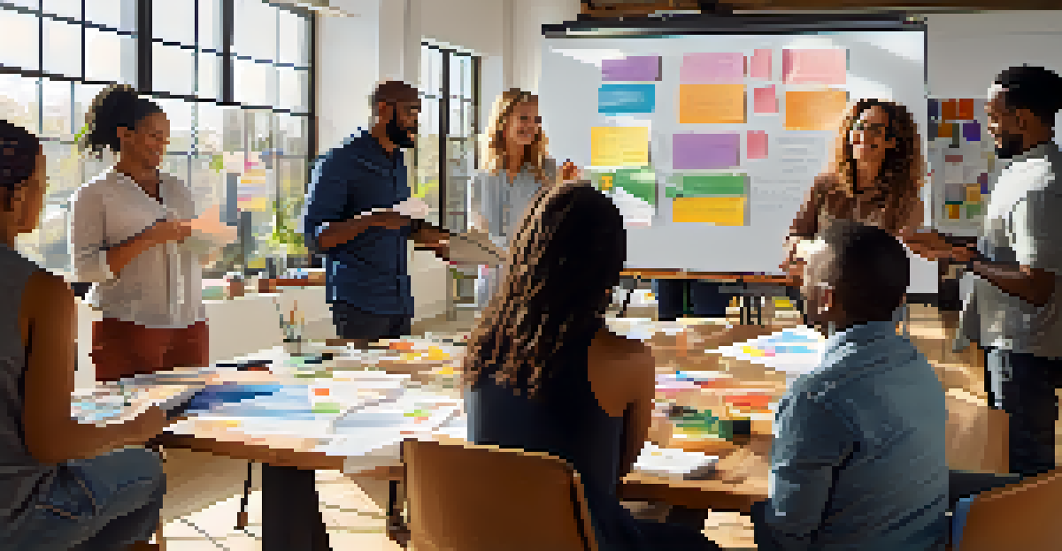 A diverse group of people in a workshop, using expressive body language and sharing ideas around a whiteboard.
