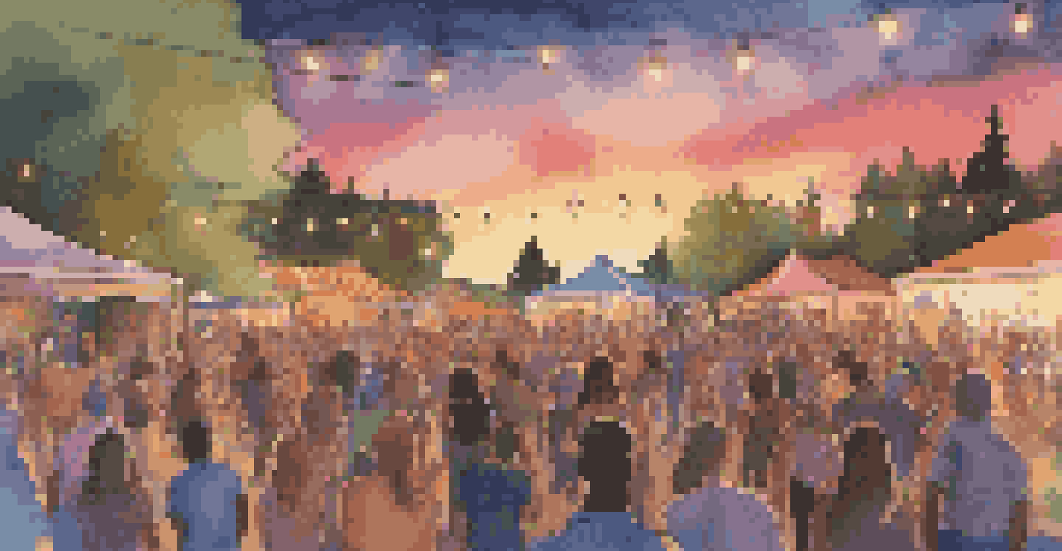 A lively outdoor music event with a diverse crowd enjoying live performances on a stage during sunset.