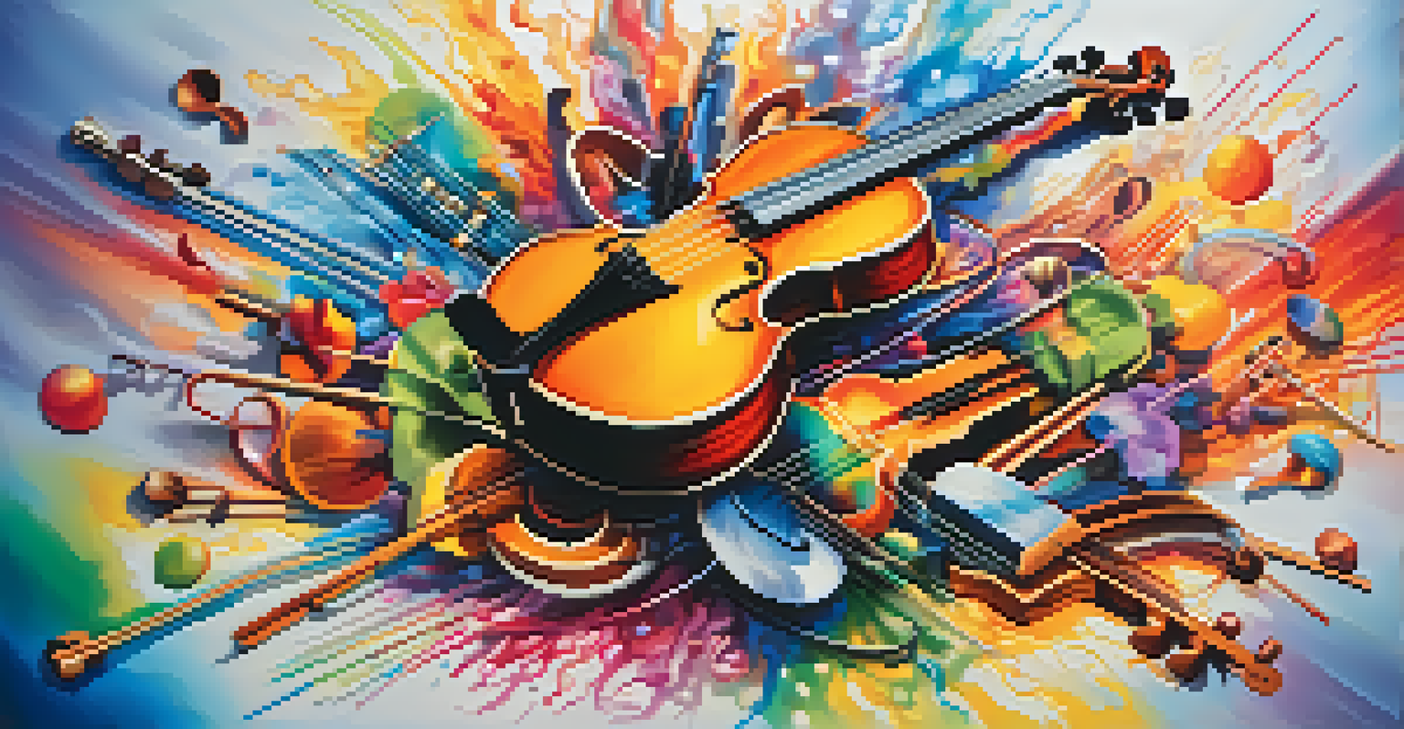 A colorful arrangement of musical instruments with abstract sound waves in the background, symbolizing music's emotional influence.