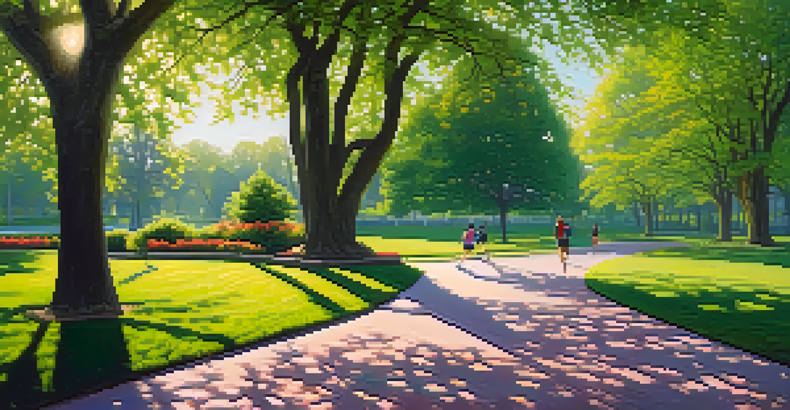 A vibrant park in the morning with blooming flowers and joggers on a path.